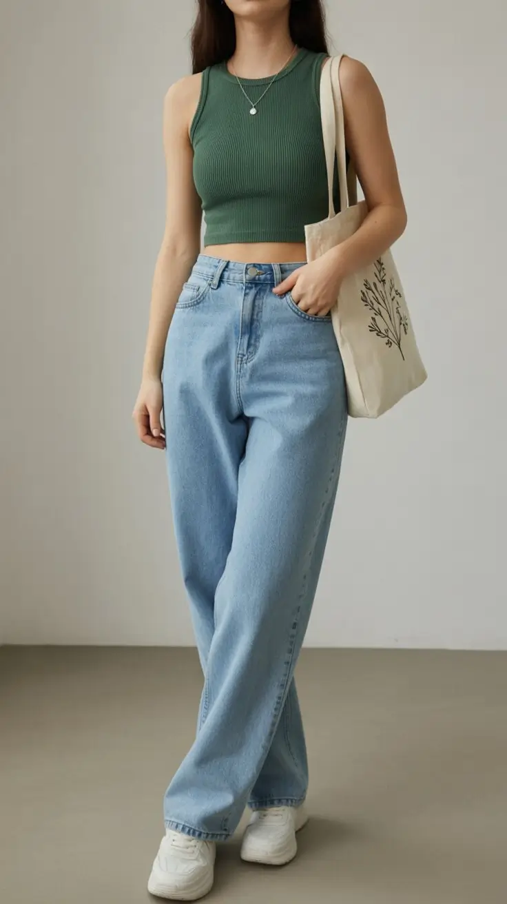 stylish mom outfits summer 2026 Minimal Green Tank with Relaxed Wide Leg Denim