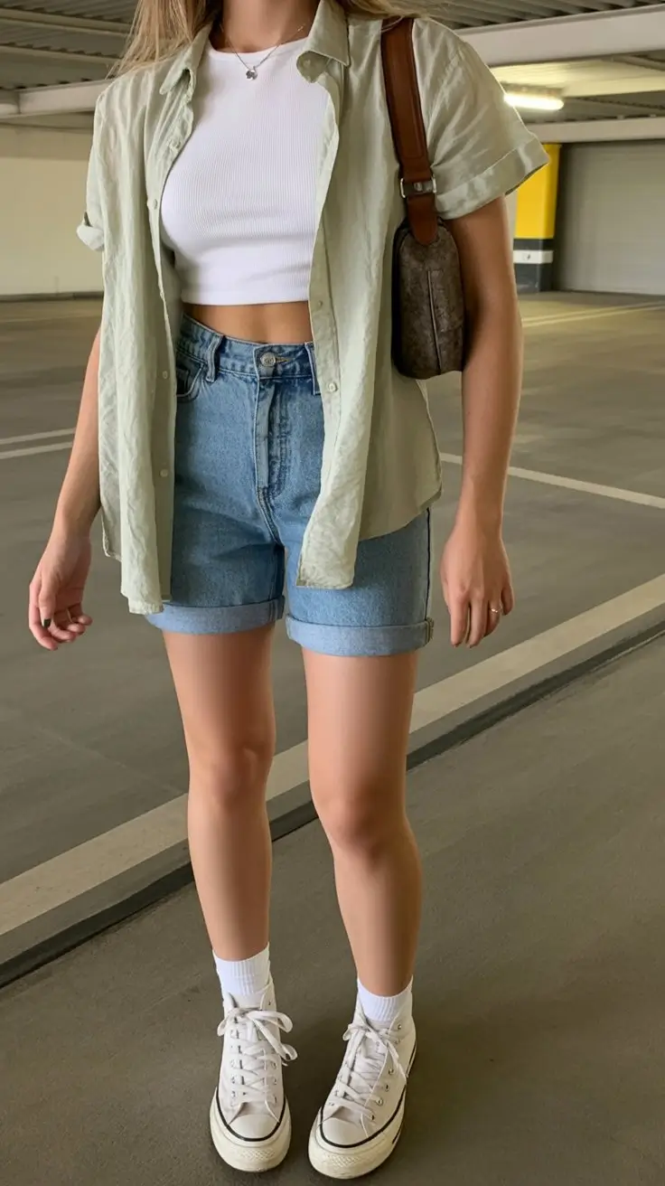 stylish mom outfits summer 2026 Relaxed Layers with a Light Shirt and Denim Shorts