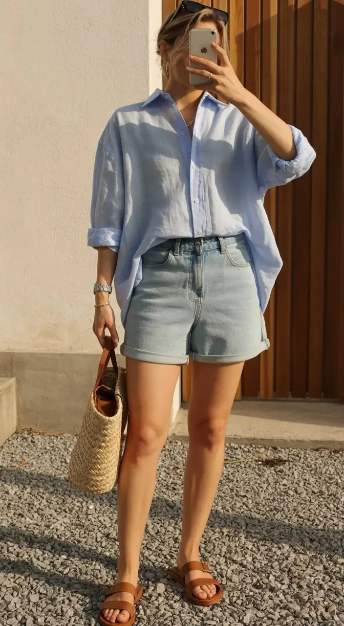 summer basic outfit for women 2026 Oversized shirt and denim shorts relaxed capsule staple