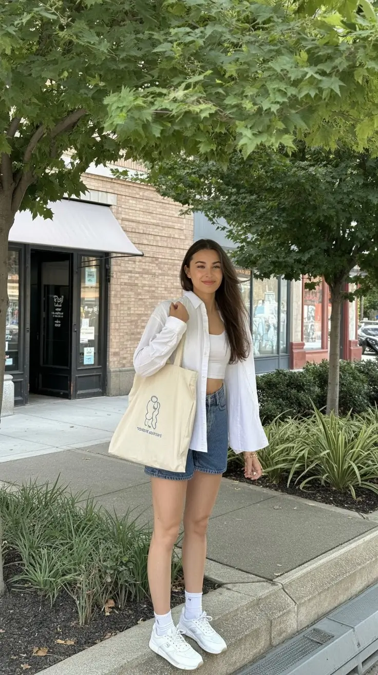 summer basic outfit for women 2026 Light layering with open shirt and tote relaxed city stroll