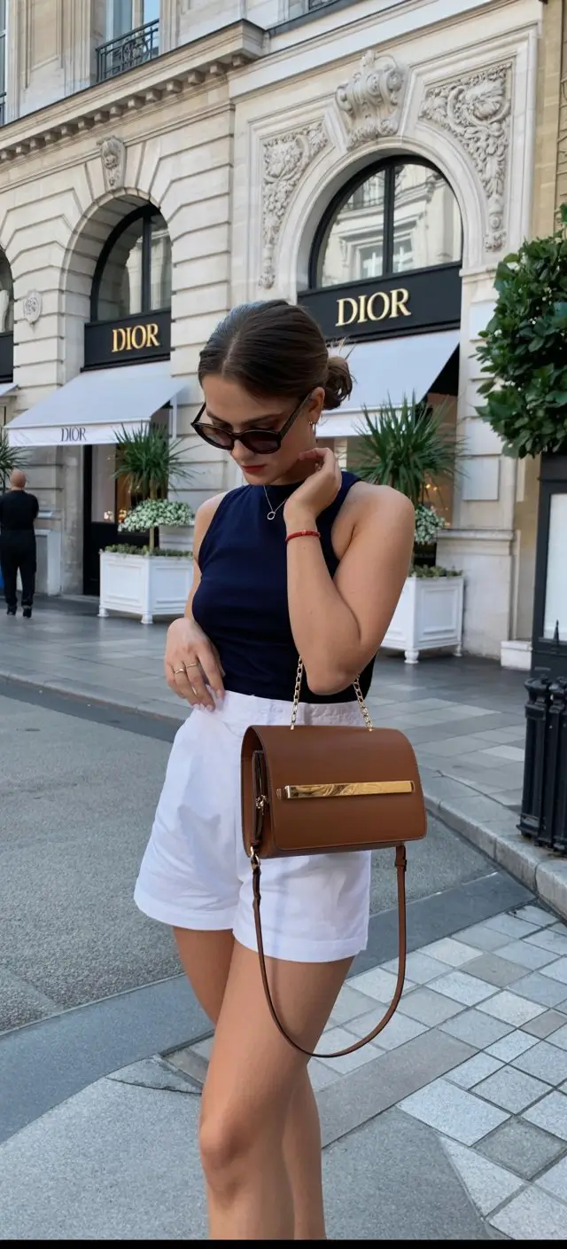 summer basic outfit for women 2026 Minimal tank and tailored shorts refined summer contrast