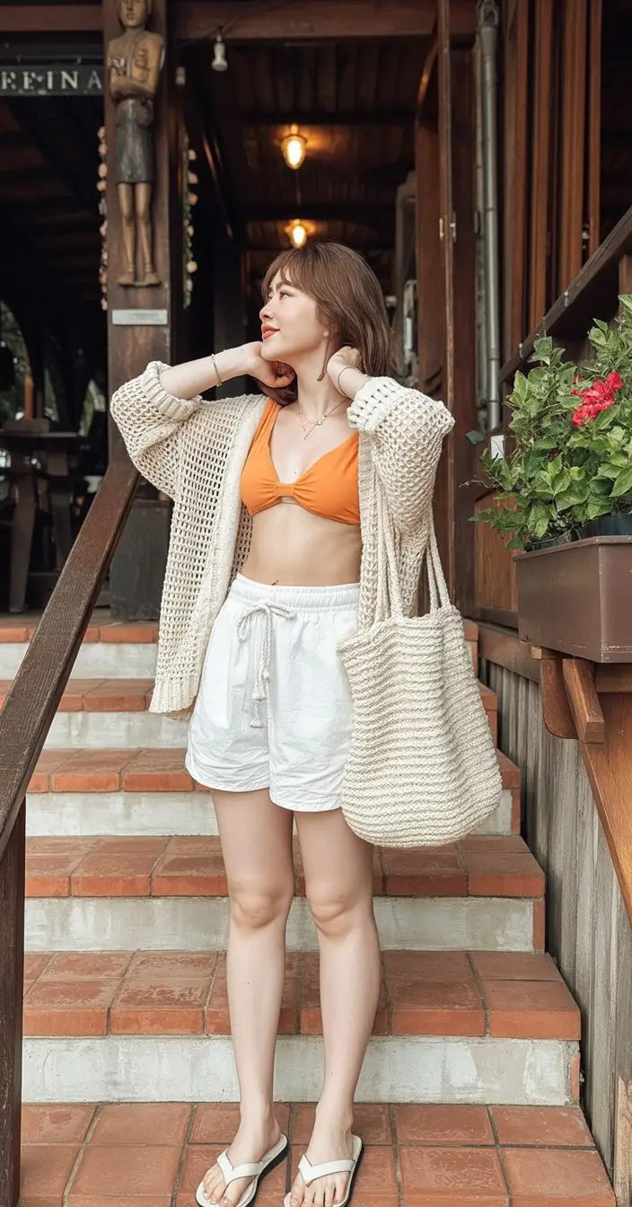 summer basic outfit for women 2026 Light cardigan and soft shorts cozy summer layering