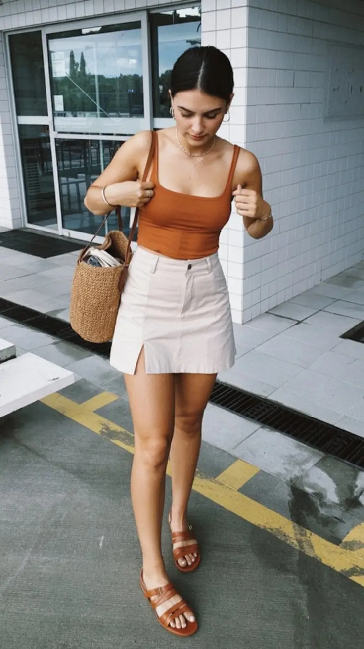summer basic outfit for women 2026 Fitted tank and mini skirt clean feminine simplicity