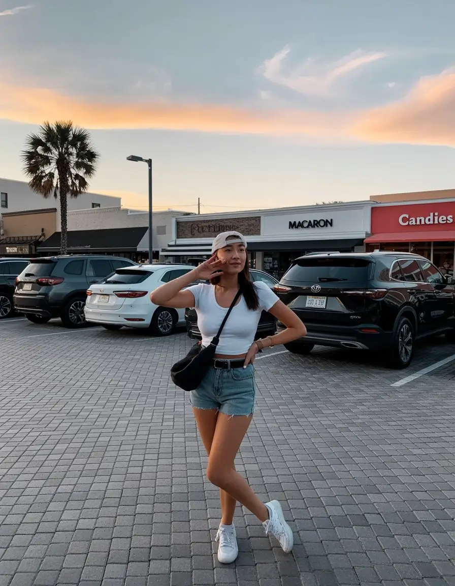 summer basic outfit for women 2026 Classic white tee and denim shorts casual street energy