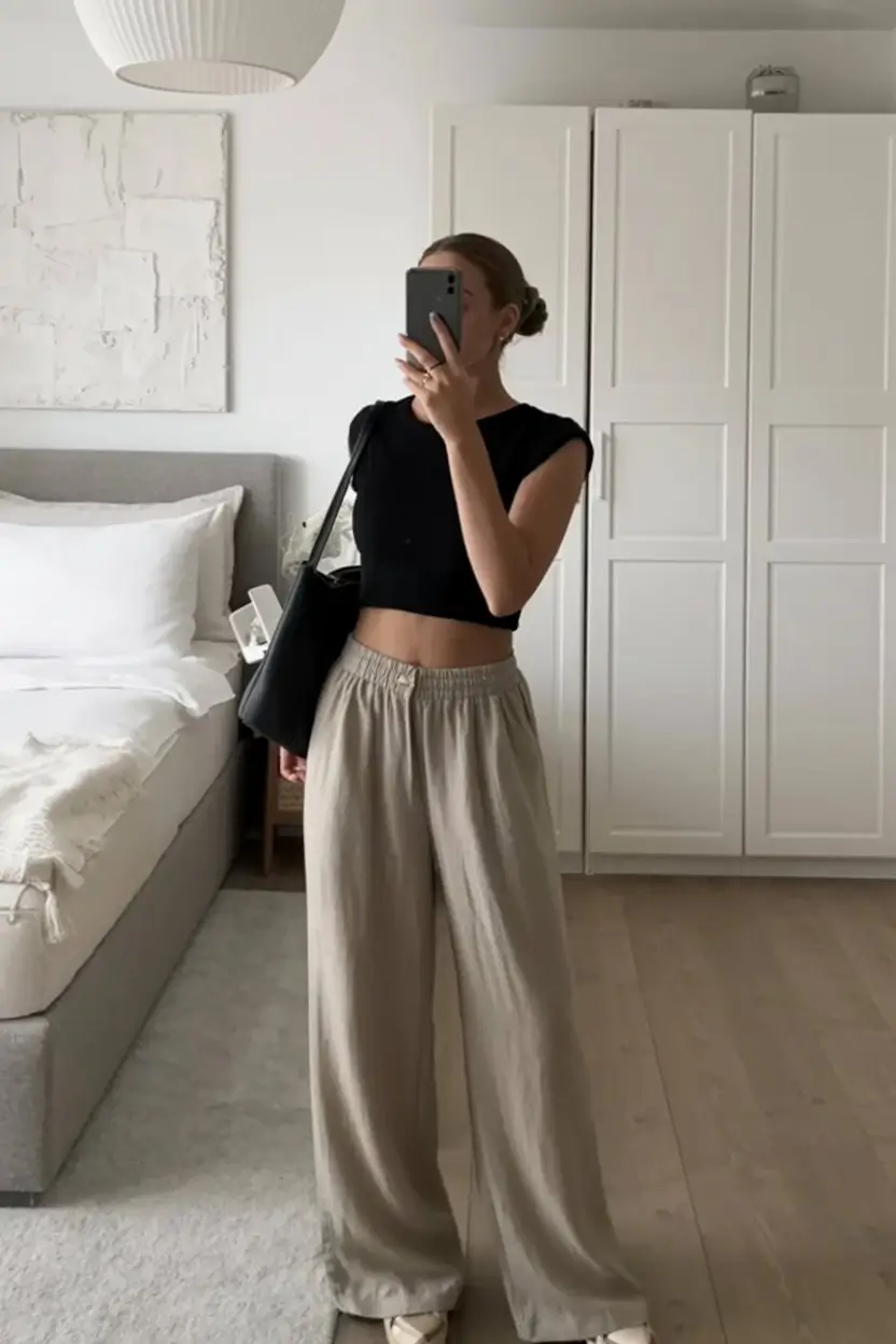 summer basic outfit for women 2026 Black crop top and wide leg pants relaxed elevated comfort