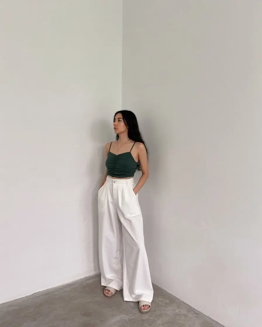summer basic outfit for women 2026 Minimal strap top and wide leg trousers quiet luxury summer mood