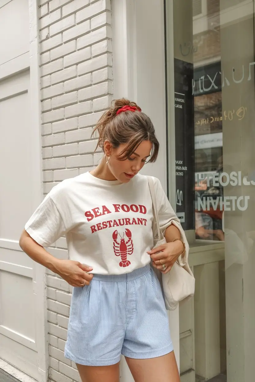 summer basic outfit for women 2026 Playful graphic tee and striped shorts easy weekend mood