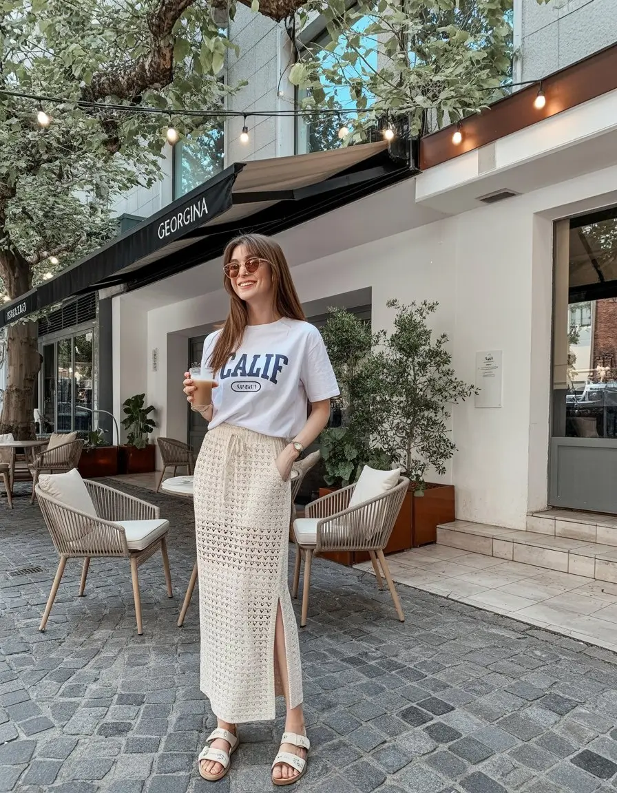 summer basic outfit for women 2026 Relaxed tee and knit skirt soft café aesthetic