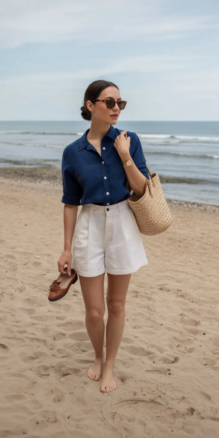 summer beach outfit for women 2026 Classic coastal blue with tailored summer simplicity