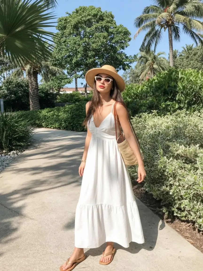 summer beach outfit for women 2026 Flowy white dress with effortless resort elegance