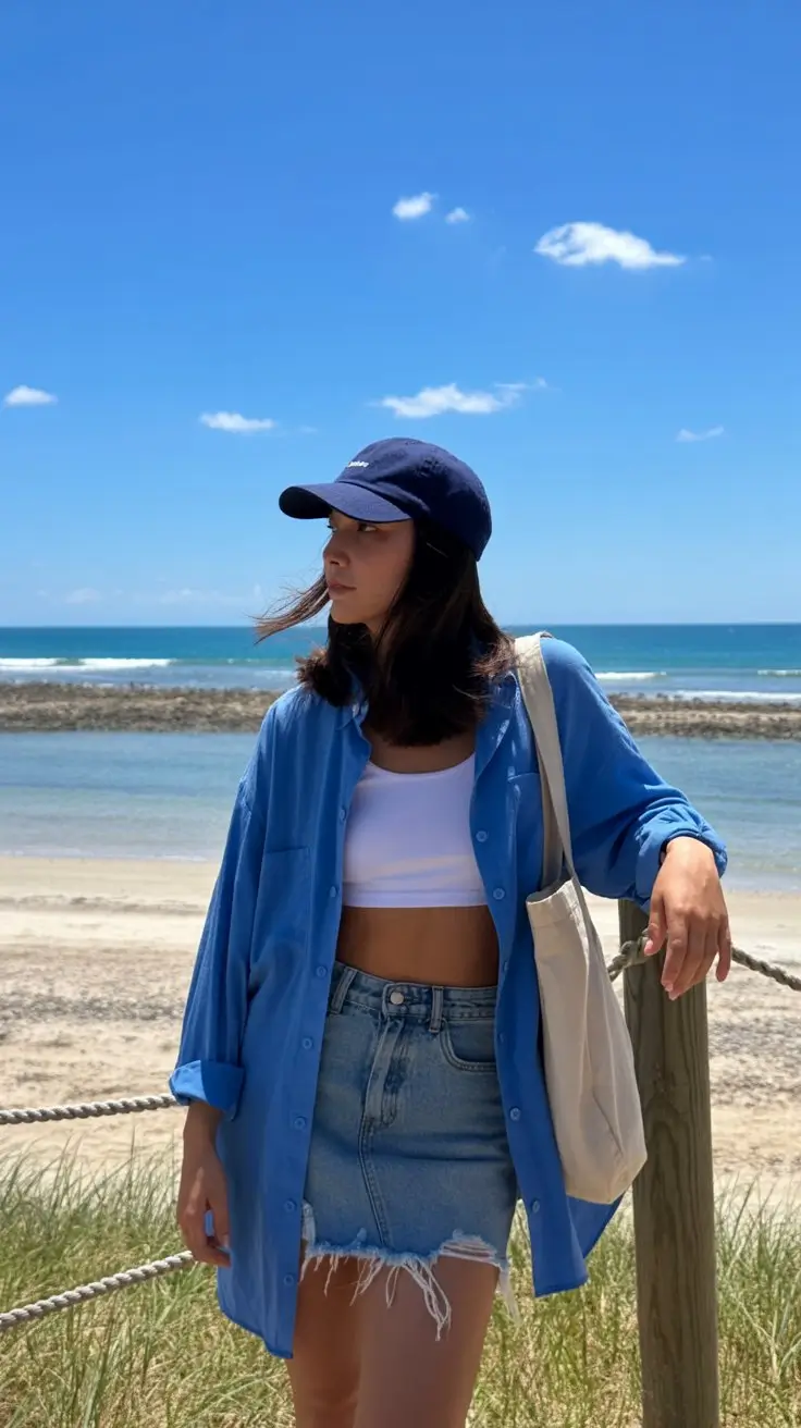 summer beach outfit for women 2026 Casual denim and oversized shirt with a cool beach edge