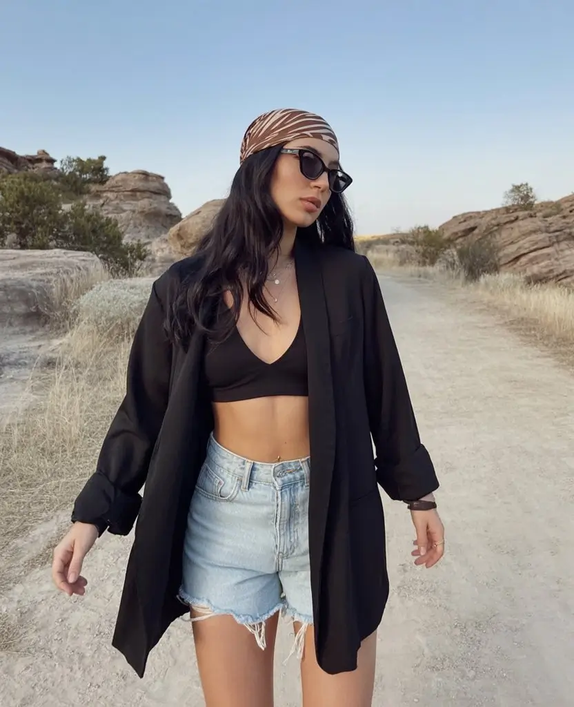 summer beach outfit for women 2026 Edgy black layers with denim for a bold beach mood