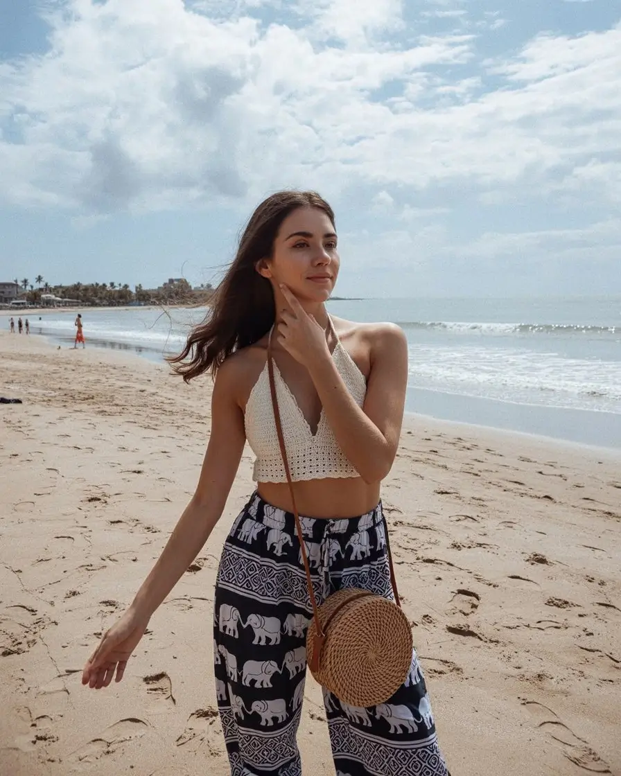 Summer Beach Outfit For Women 2026 Crochet Top and Printed Pants for Boho Beach Vibes