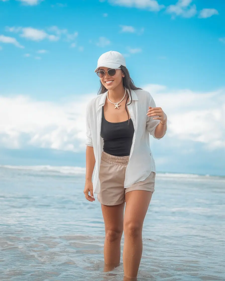 summer beach outfit for women 2026 Light layering with sporty accents for active beach days