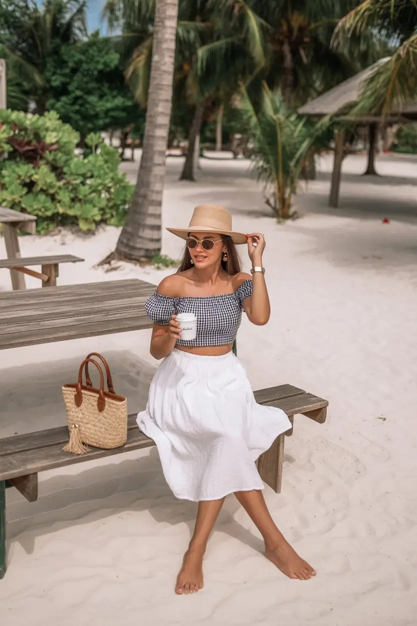 summer beach outfit for women 2026 Romantic gingham and flowy skirt with soft beach charm