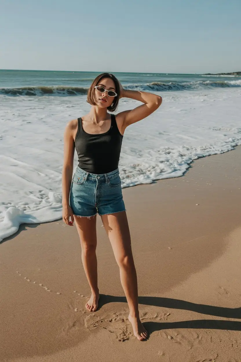Summer Beach Outfit For Women 2026 Classic Tank and Denim Shorts That Always Feel Right