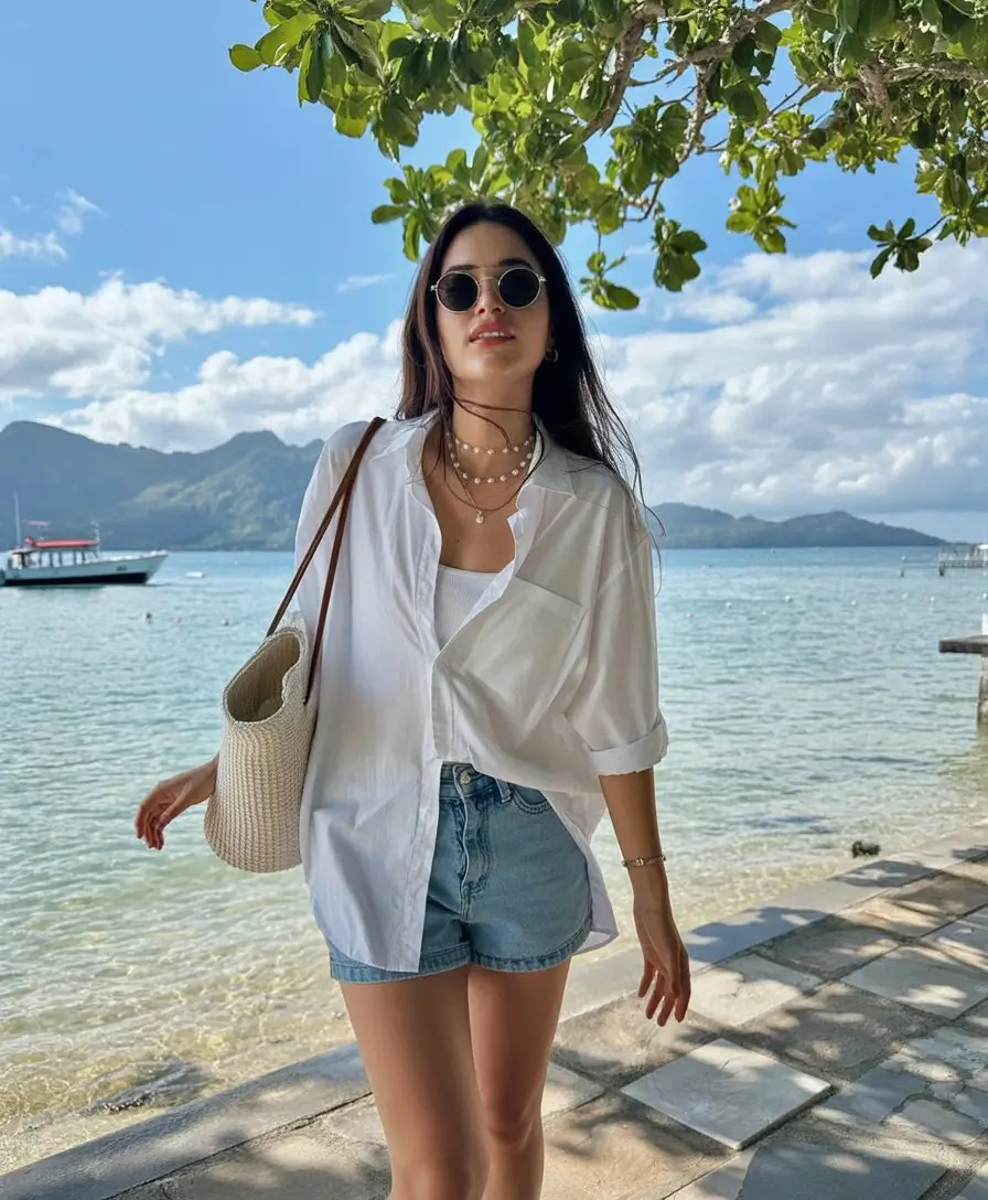 Summer Beach Outfit For Women 2026 Classic White Shirt and Denim Shorts That Always Work