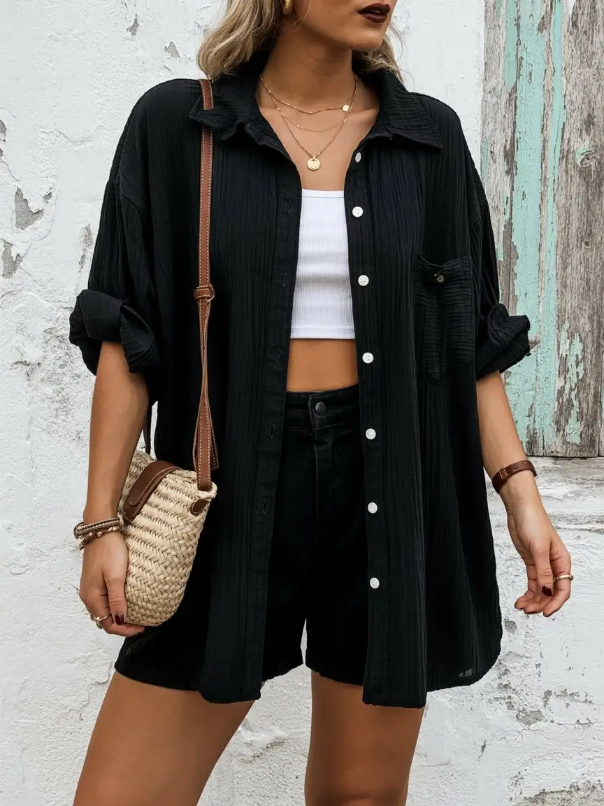 summer beach outfit for women 2026 Relaxed black layers with an effortless city beach vibe