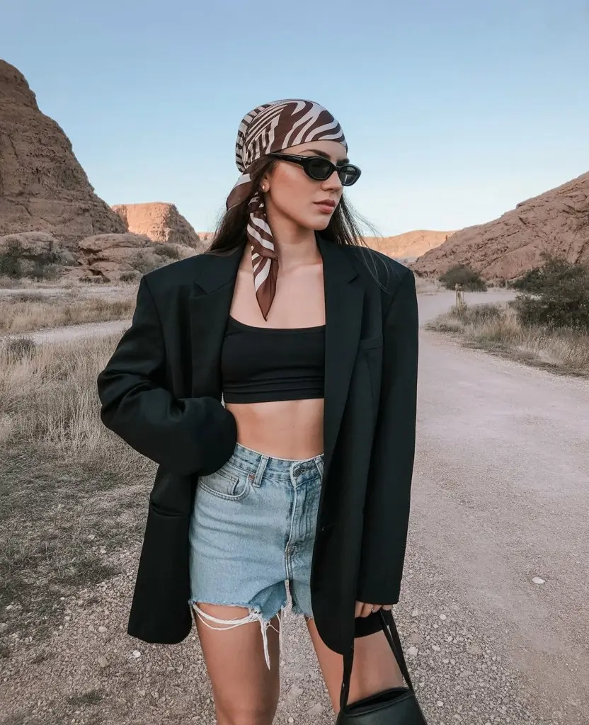 Summer Beach Outfit For Women 2026 Edgy Blazer and Scarf Combo for Cool Girl Energy