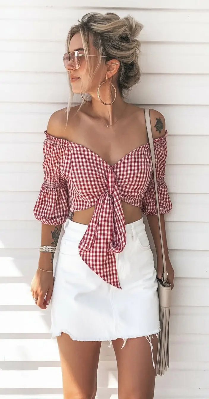 summer blouses for women 2026 Soft gingham off shoulder with a playful tie front
