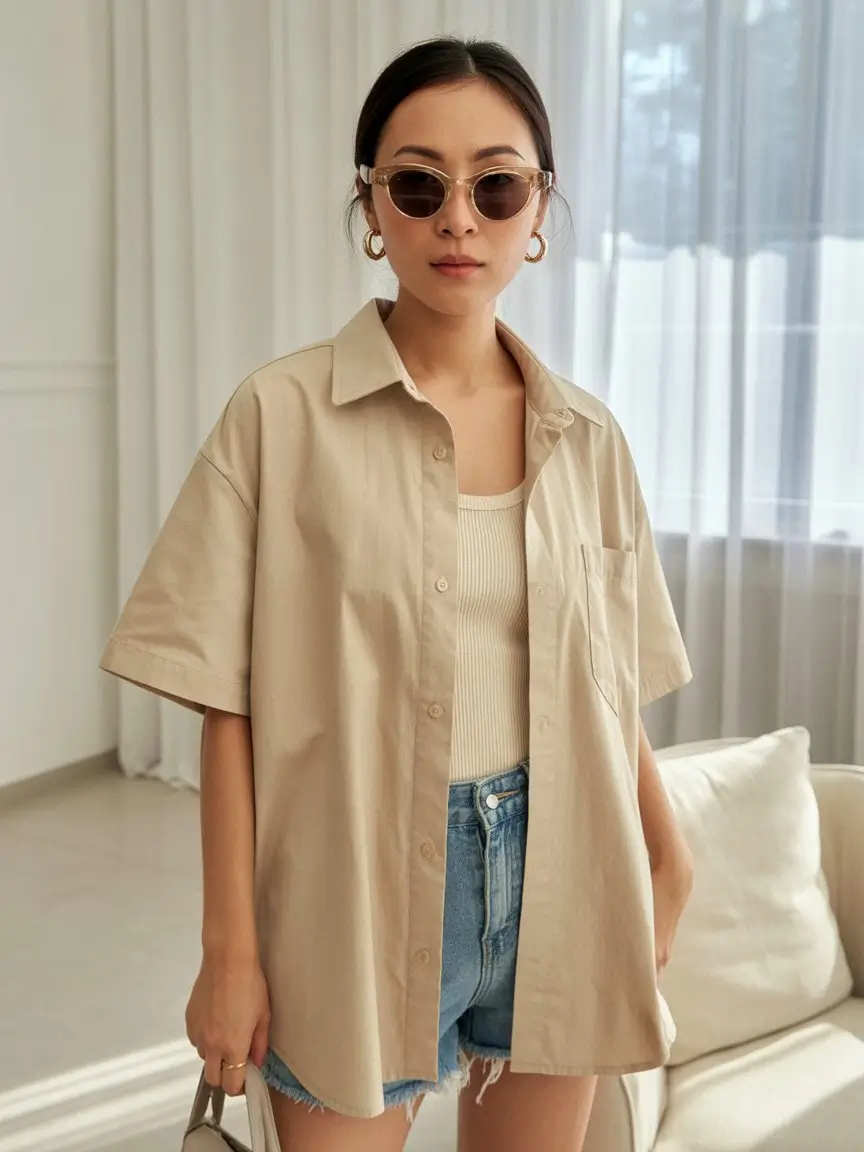 summer blouses for women 2026 Neutral oversized shirt with minimal effortless styling