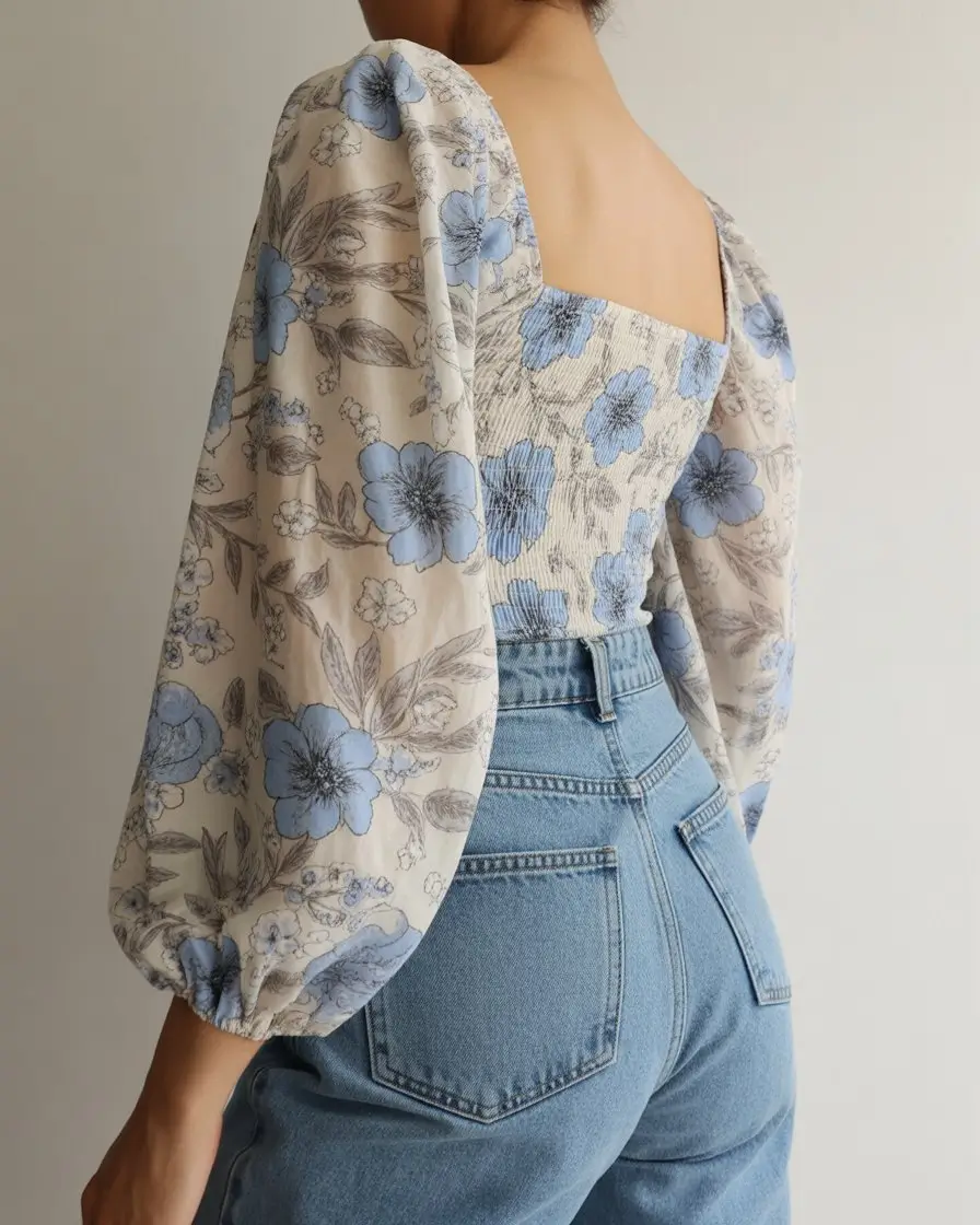 summer blouses for women 2026 Blue floral blouse with voluminous sleeves and vintage softness
