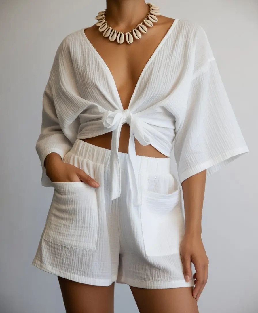 summer blouses for women 2026 White textured tie front set with relaxed summer elegance
