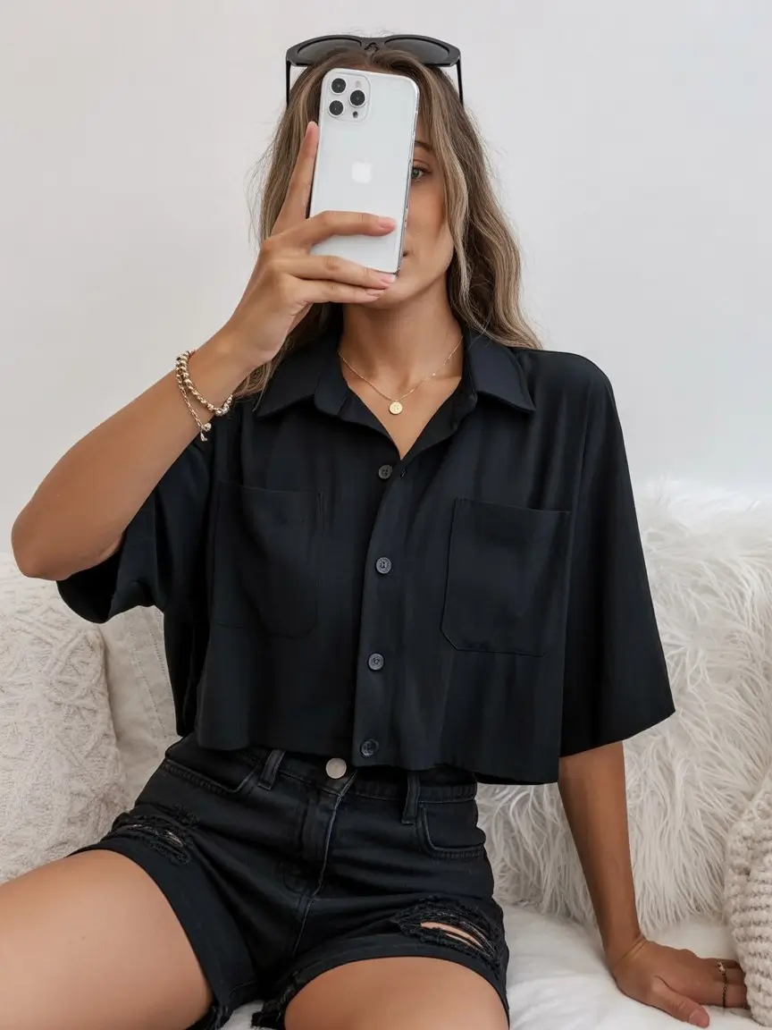 summer blouses for women 2026 Minimal black oversized shirt with effortless edge