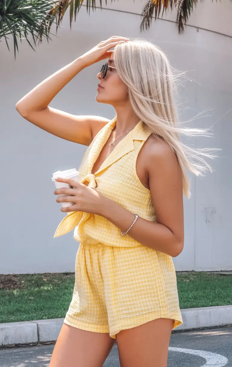 summer blouses for women 2026 Sunny yellow gingham set with playful summer energy