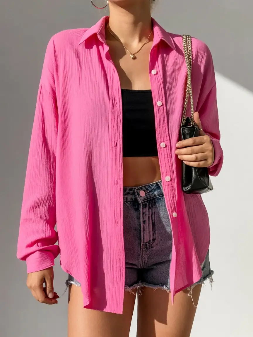 summer blouses for women 2026 Hot pink lightweight shirt with effortless layering