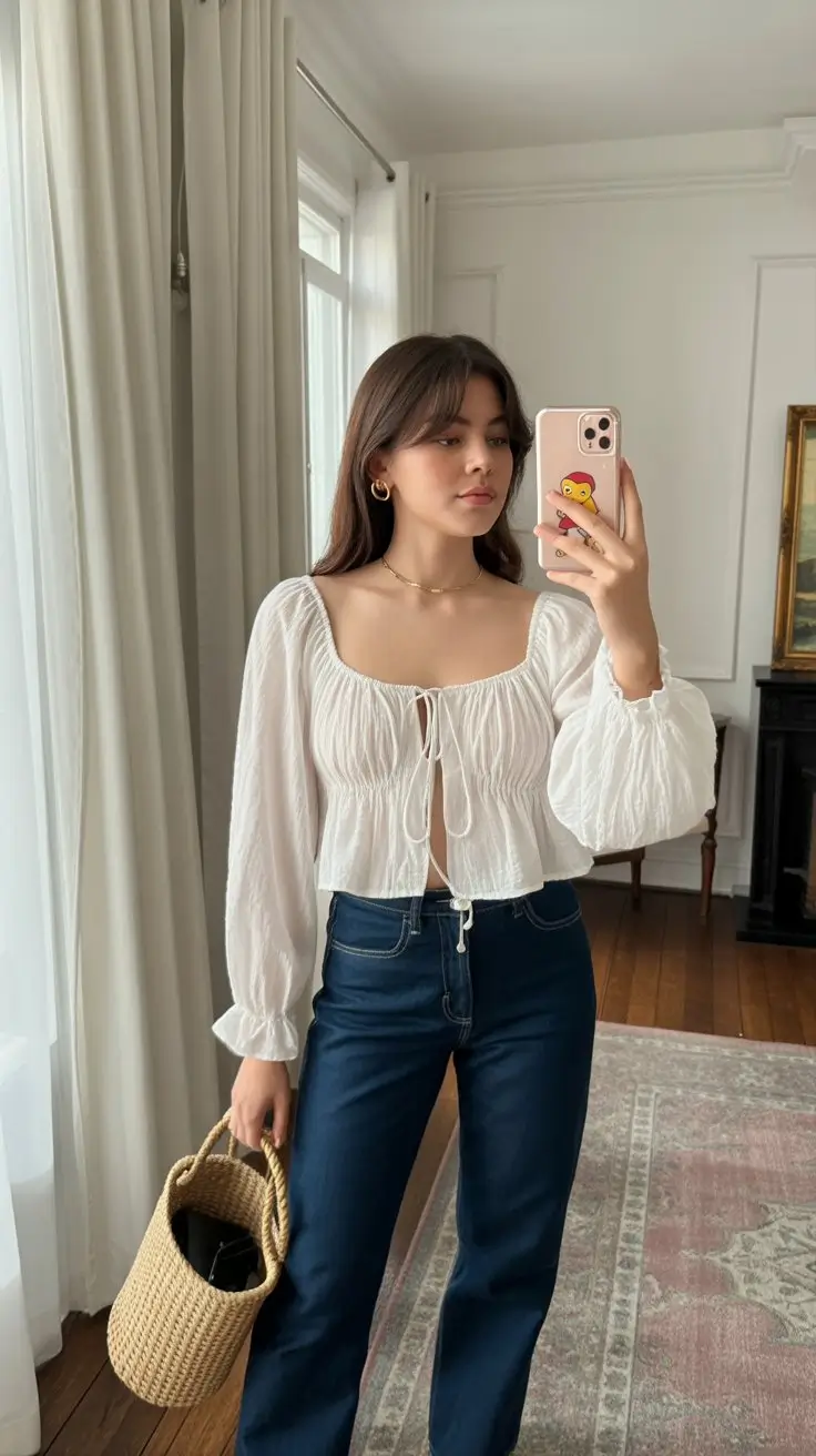 summer blouses for women 2026 Romantic white blouse with soft volume and delicate ties