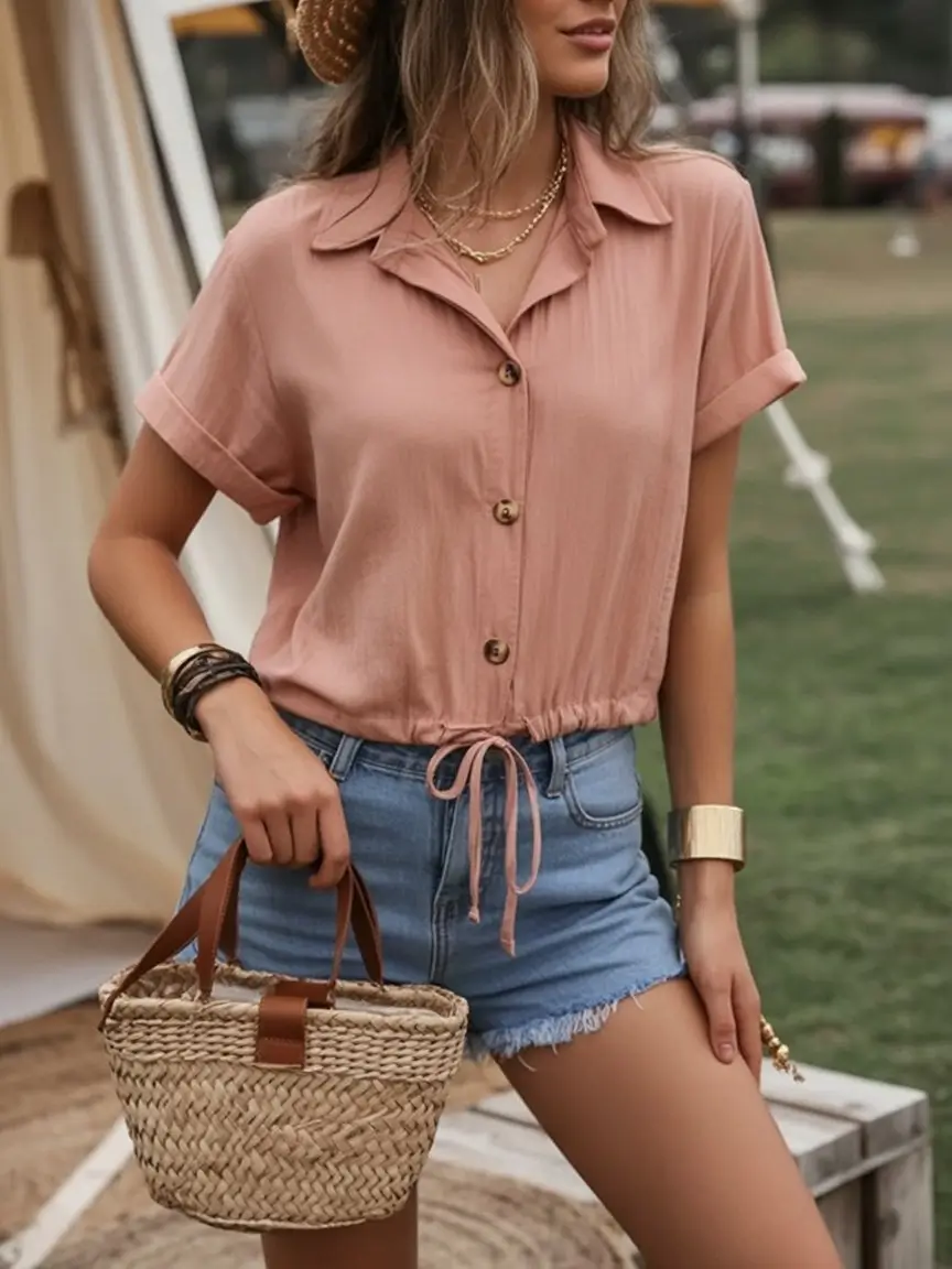 summer blouses for women 2026 Soft blush button down with a relaxed drawstring waist