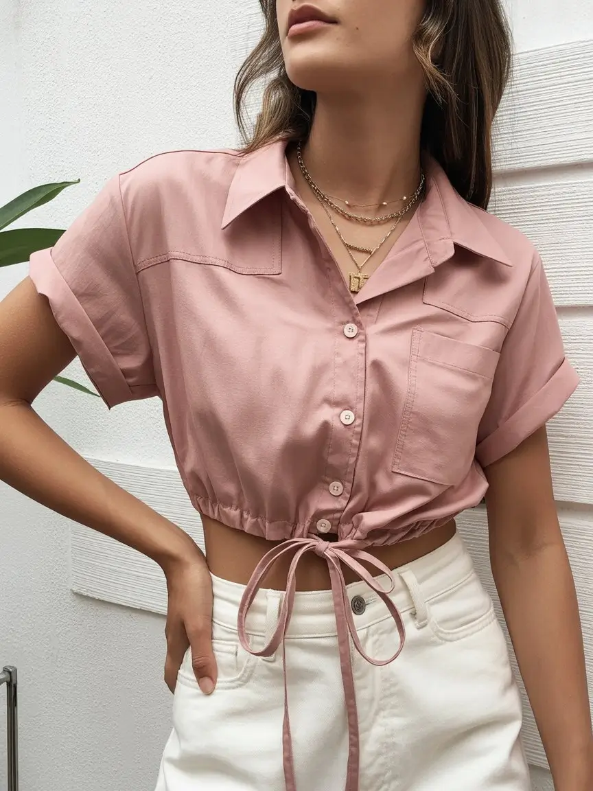 summer blouses for women 2026 Muted rose cropped shirt with clean structure