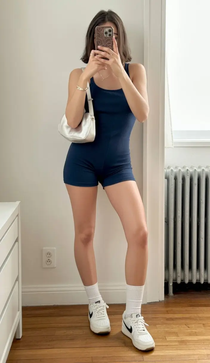 summer bodysuit outfits for women 2026 Navy blue biker short bodysuit with sporty street comfort