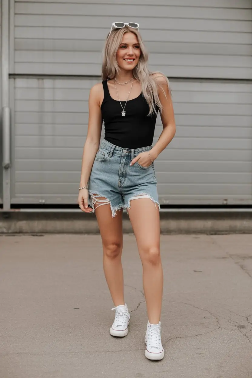 summer bodysuit outfits for women 2026 Black tank bodysuit with distressed shorts everyday cool girl look