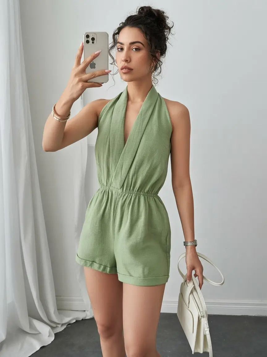 summer bodysuit outfits for women 2026 Light green halter bodysuit romper with soft summer tailoring