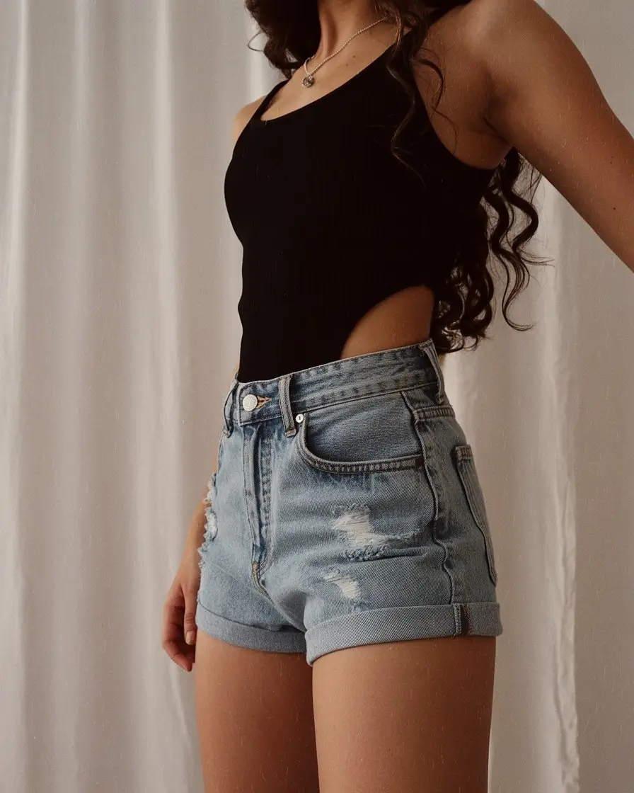 summer bodysuit outfits for women 2026 Black side cut bodysuit with denim shorts bold summer edge