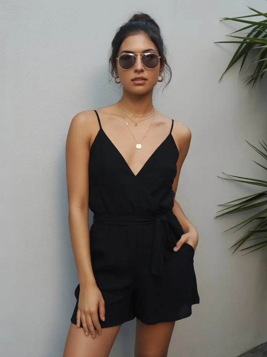 summer bodysuit outfits for women 2026 Black cami bodysuit romper with minimal evening feel