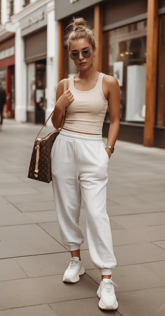 summer bodysuit outfits for women 2026 Beige tank bodysuit with joggers off duty clean aesthetic