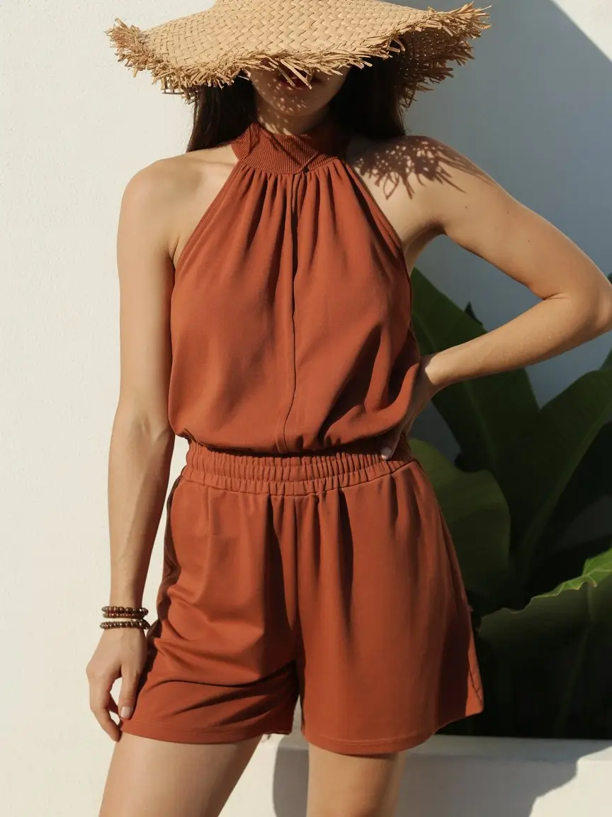 summer bodysuit outfits for women 2026 Rust halter bodysuit romper with sun soaked summer energy