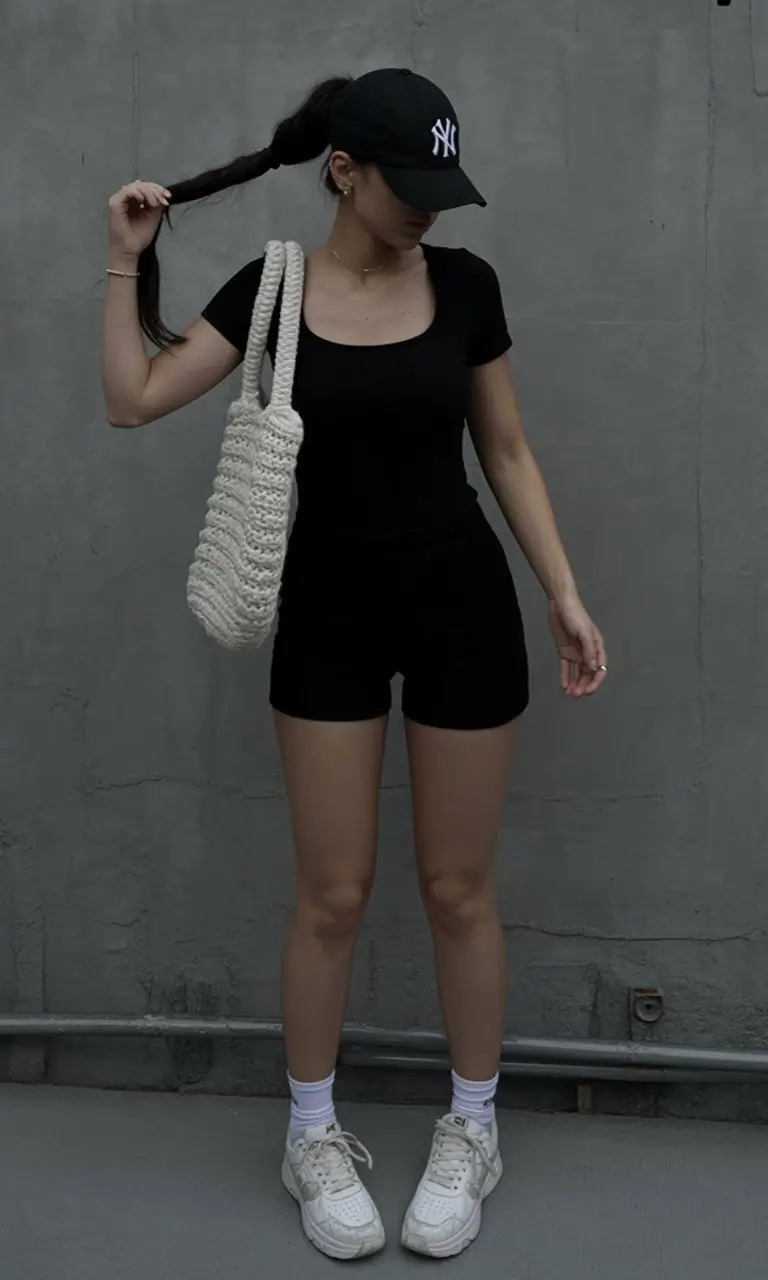 summer bodysuit outfits for women 2026 Black fitted bodysuit with biker shorts sporty minimal mood