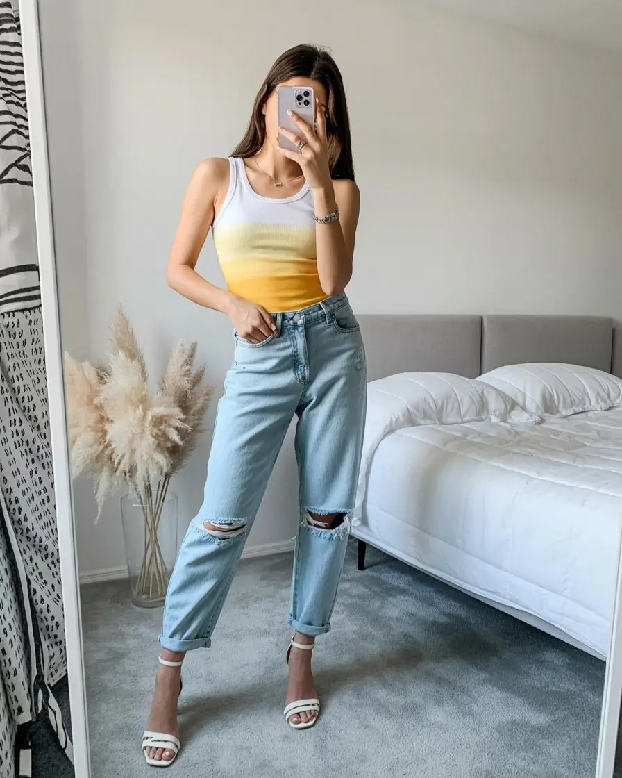 summer bodysuit outfits for women 2026 Soft gradient tank bodysuit with ripped jeans everyday ease