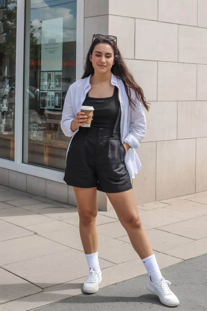 summer bodysuit outfits for women 2026 Relaxed black bodysuit with oversized shirt and city casual vibe