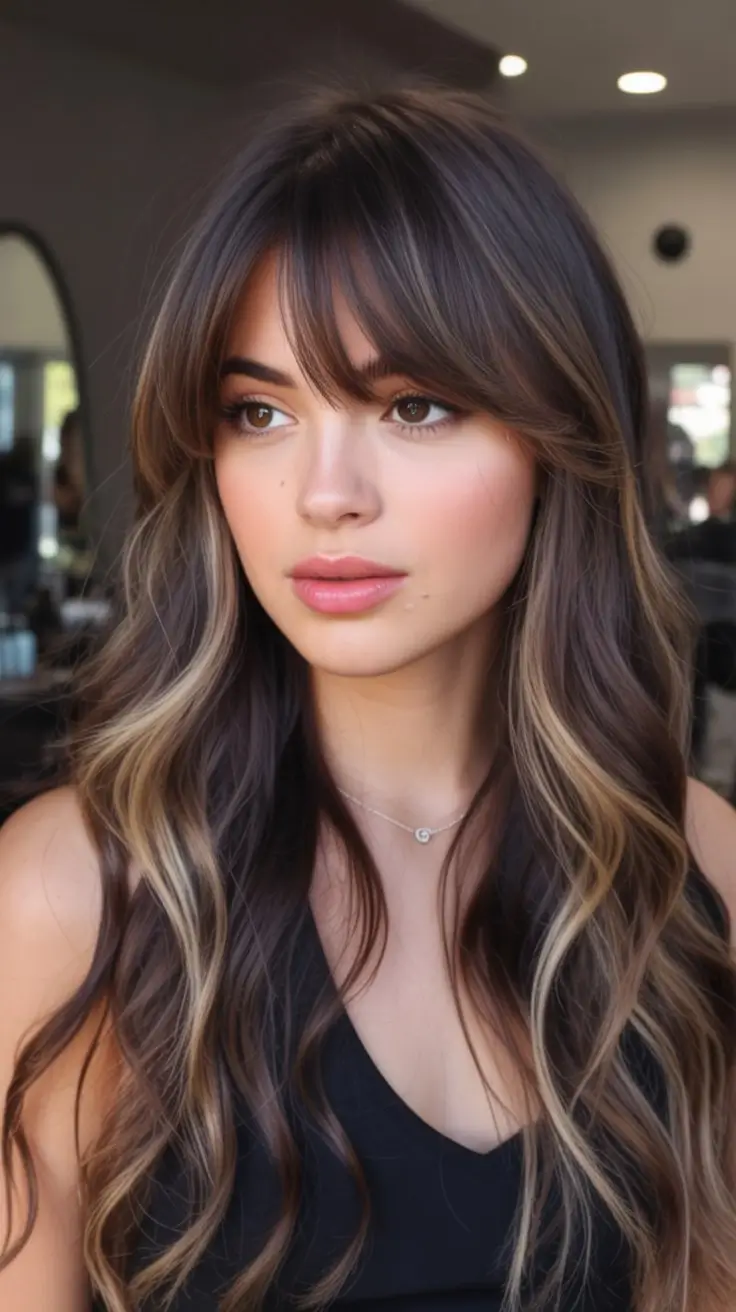 summer brunette hair color for women 2026 Soft caramel ribbons with airy bangs