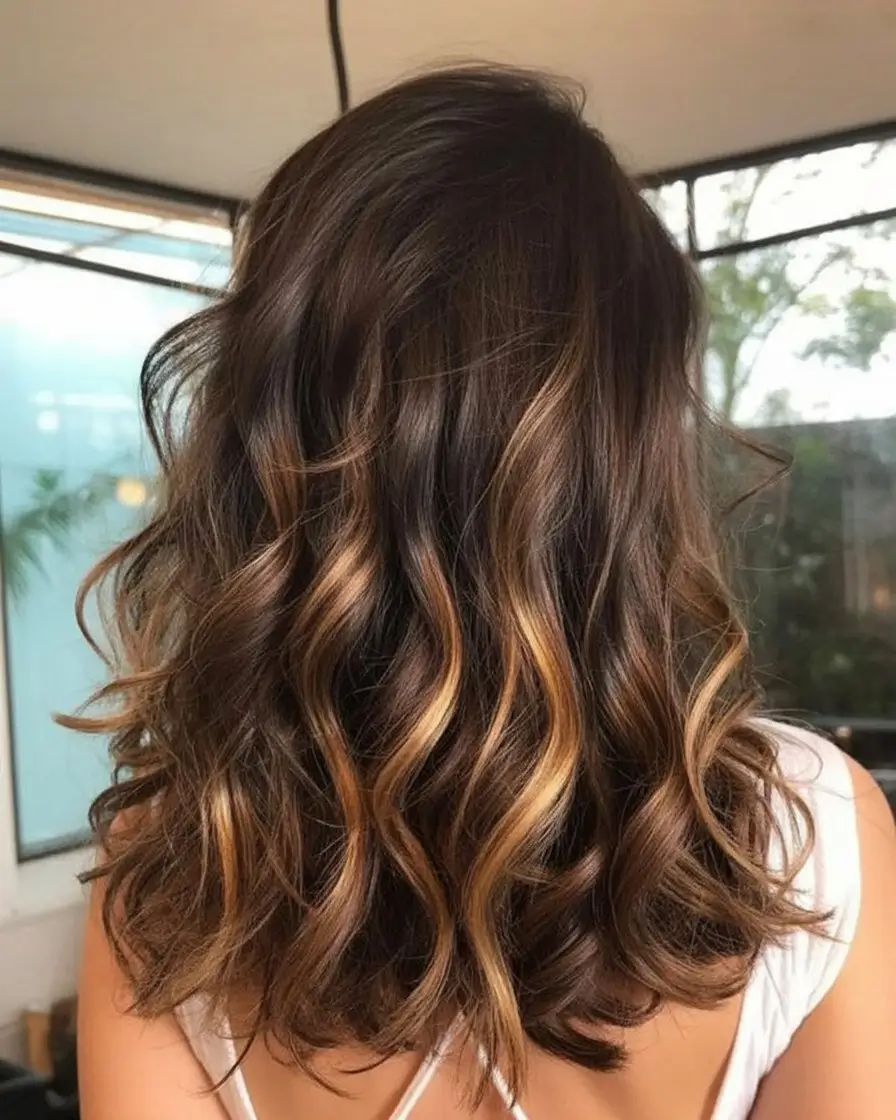 summer brunette hair color for women 2026 Sunlit caramel streaks through deep brunette waves