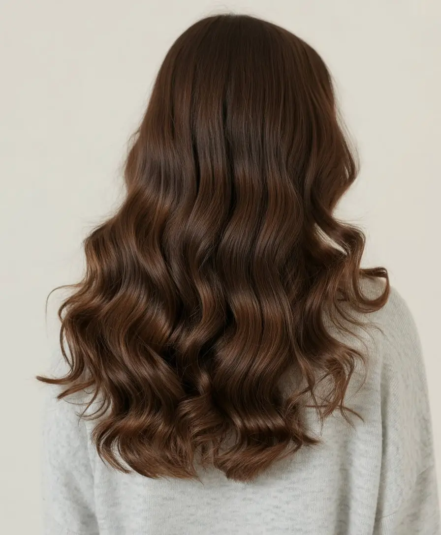 summer brunette hair color for women 2026 Rich chocolate waves with a polished finish