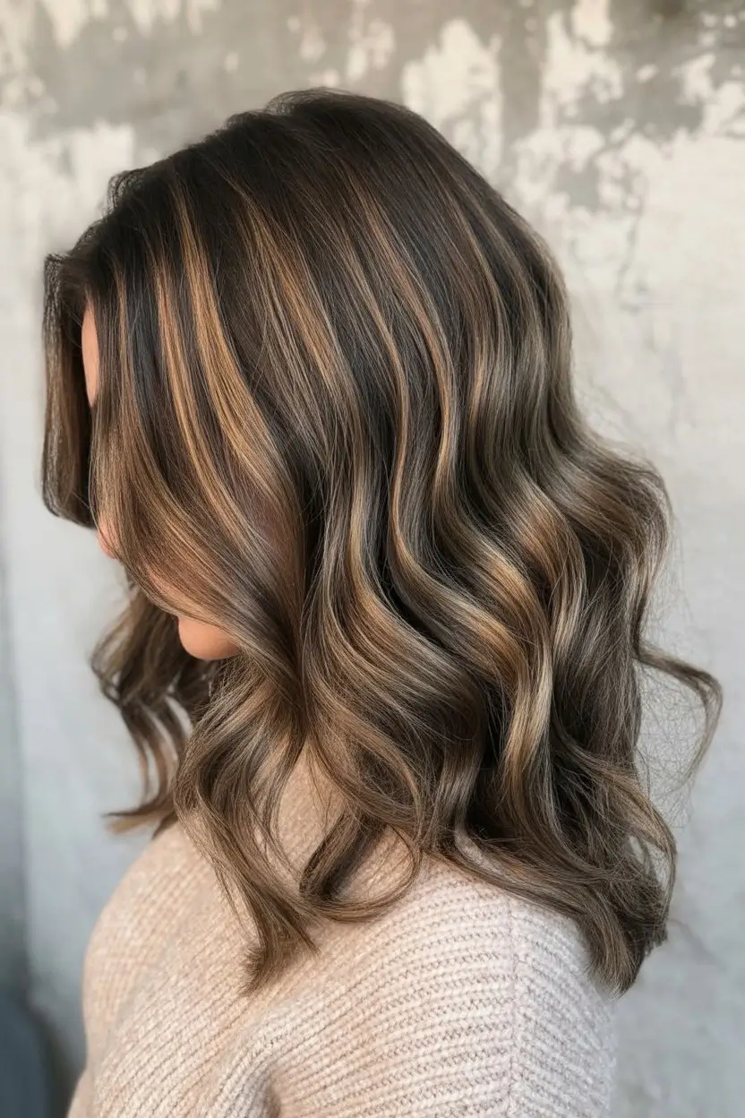 summer brunette hair color for women 2026 Soft beige brunette waves with seamless highlights