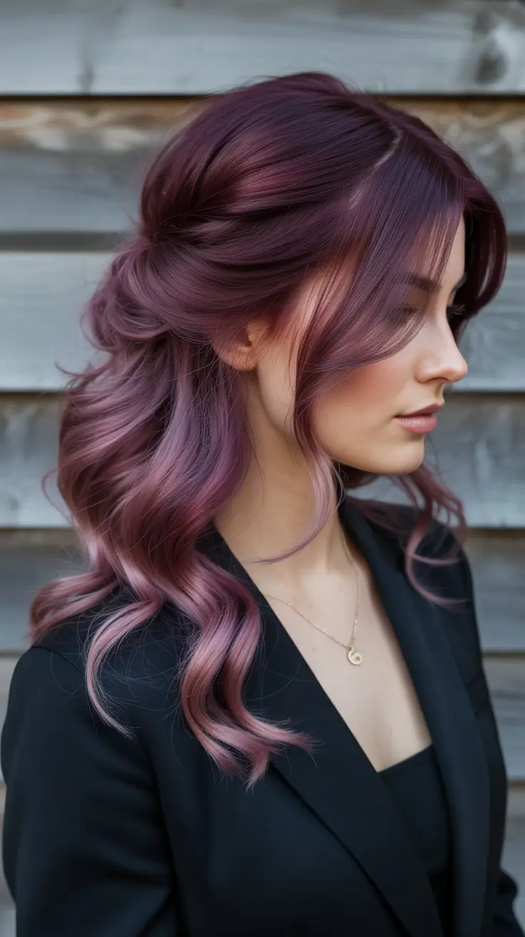 summer brunette hair color for women 2026 Muted plum brunette with soft romantic waves