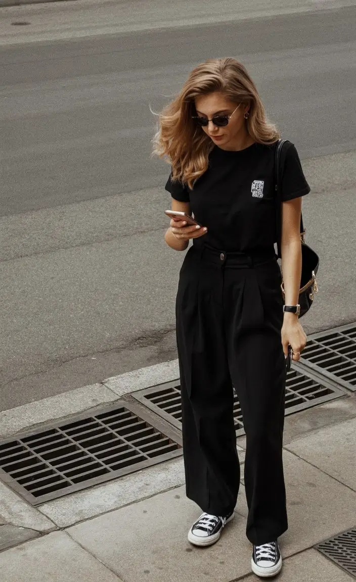 summer business casual outfit for women 2026 Relaxed black tailoring with effortless sneakers energy