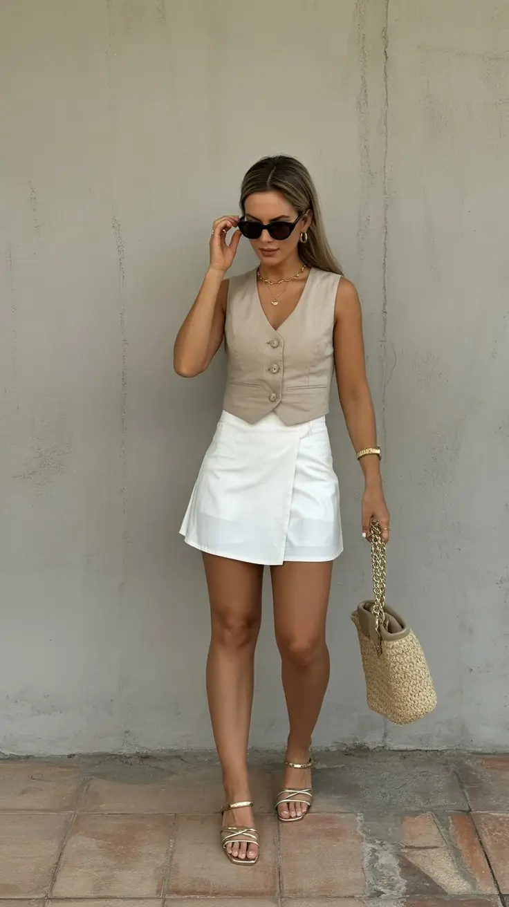 summer business casual outfit for women 2026 Light vest and white skirt relaxed summer polish